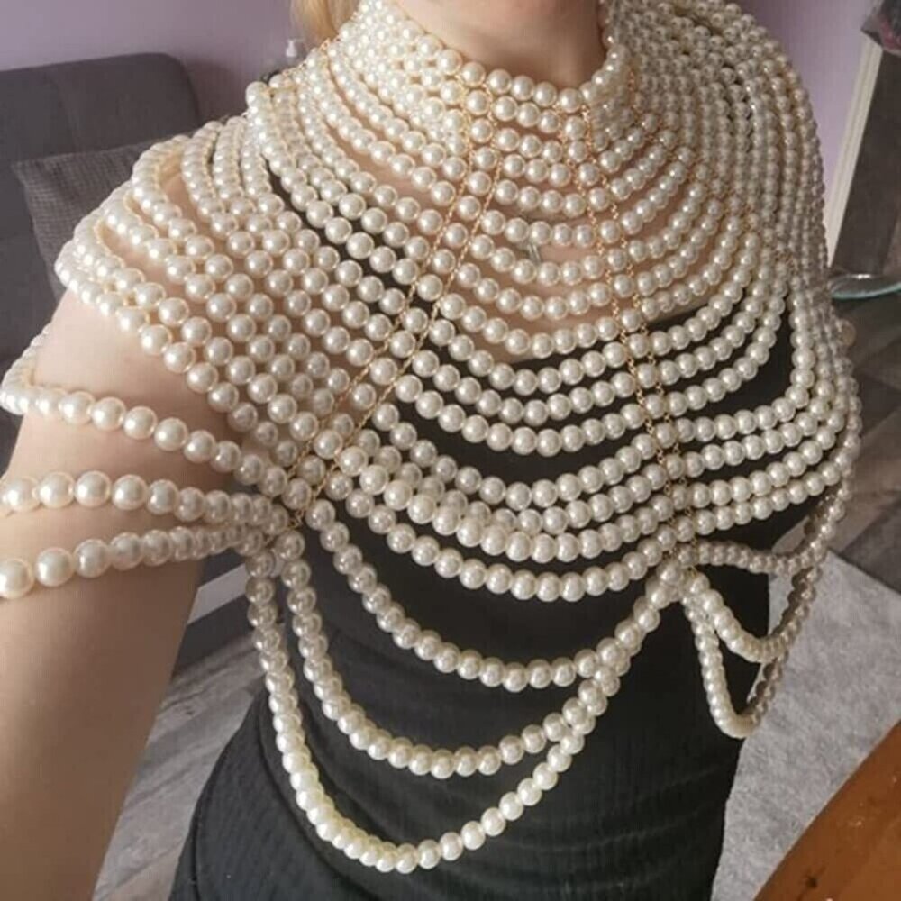 Jewelry Accessory Layered Ivory Gold Synthetic Big Pearls Necklaces Body Chains - Picture 11 of 16